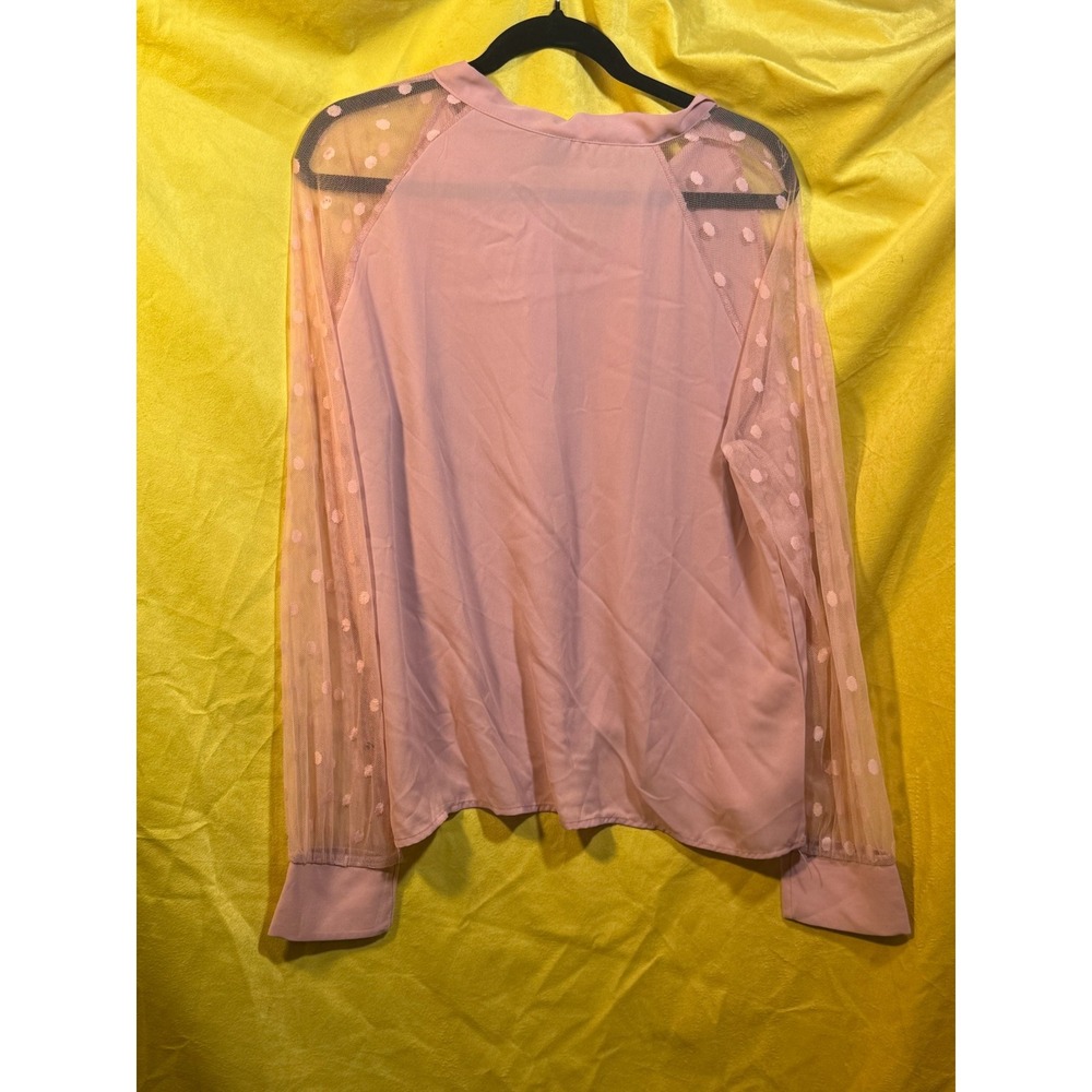 Shein Pink Swiss Dot Sheer Mesh Sleeve Tie Neck Blouse XL Womens Top - Picture 2 of 5